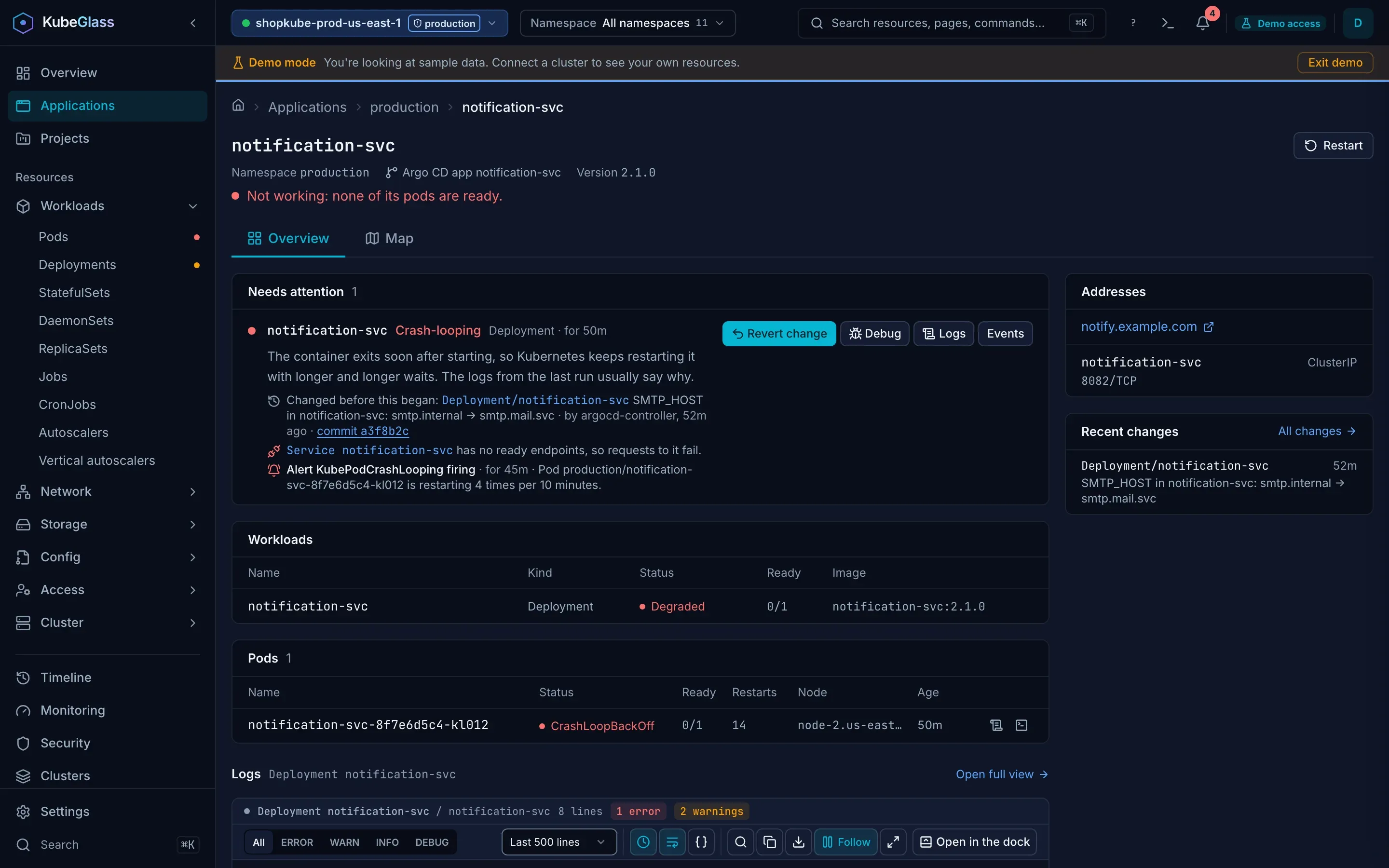 KubeGlass application page: An application's workloads, pods, logs, addresses and changes on one page, with what needs attention first.