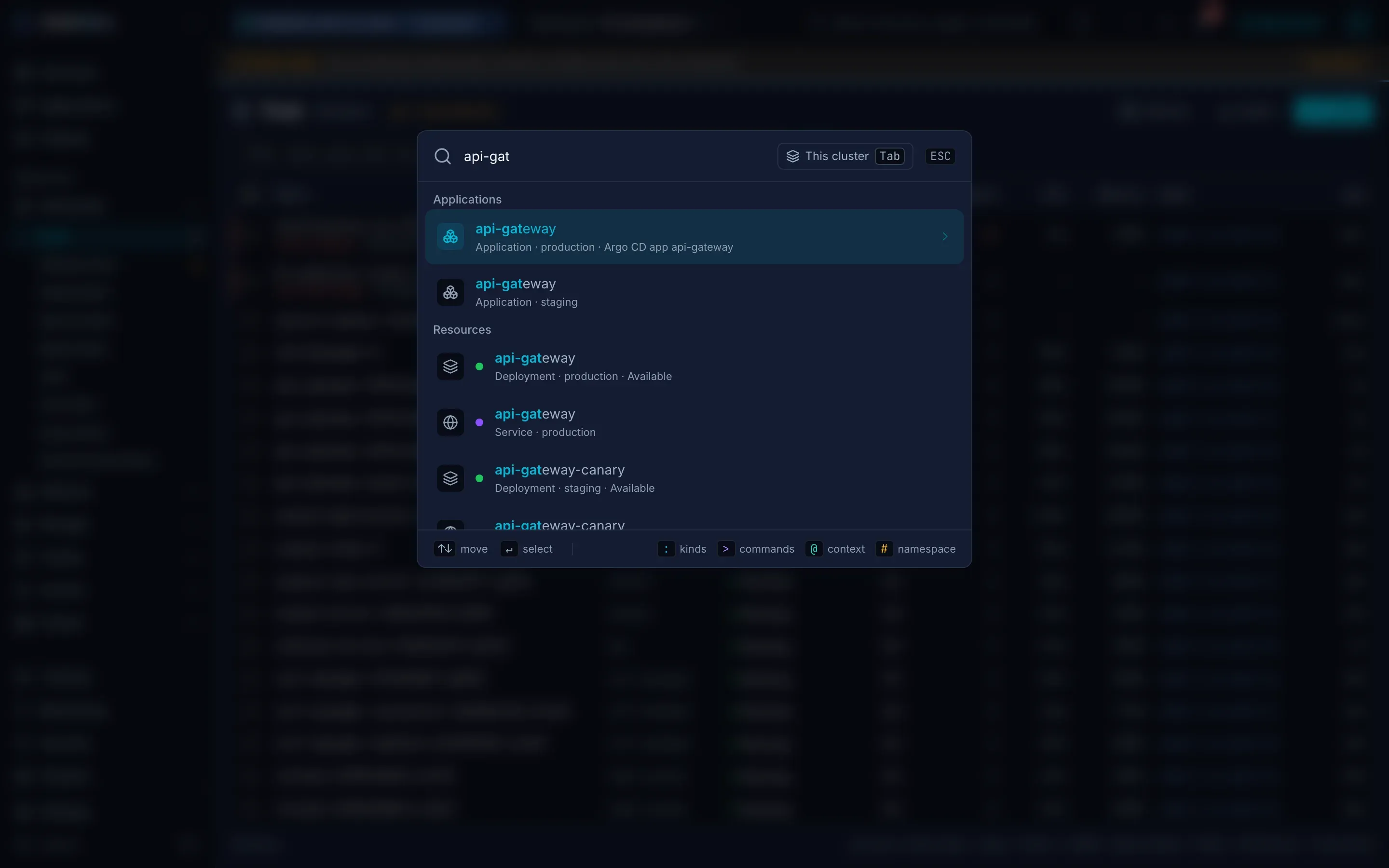 KubeGlass search page: The command palette finds objects by name, label, image, state or IP address, the pods on a node by its name or IP, and kinds, pages and commands. Open it with Cmd+K or Ctrl+K.