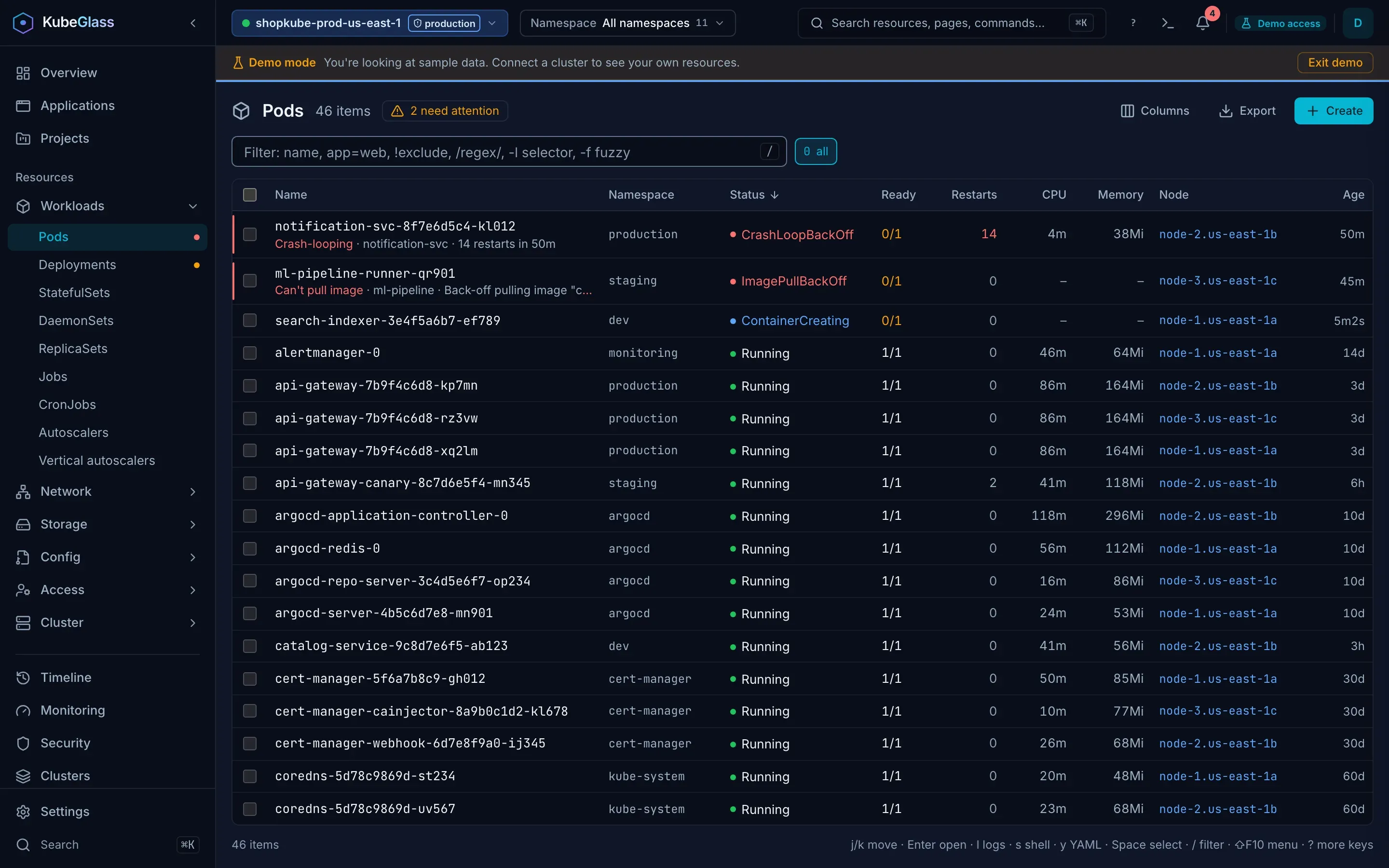 KubeGlass's Pods list in demo mode: a crash-looping pod first with its reason, then running pods with their ready count and restarts, and the selected pod's containers and CPU and memory in a pane beside the list