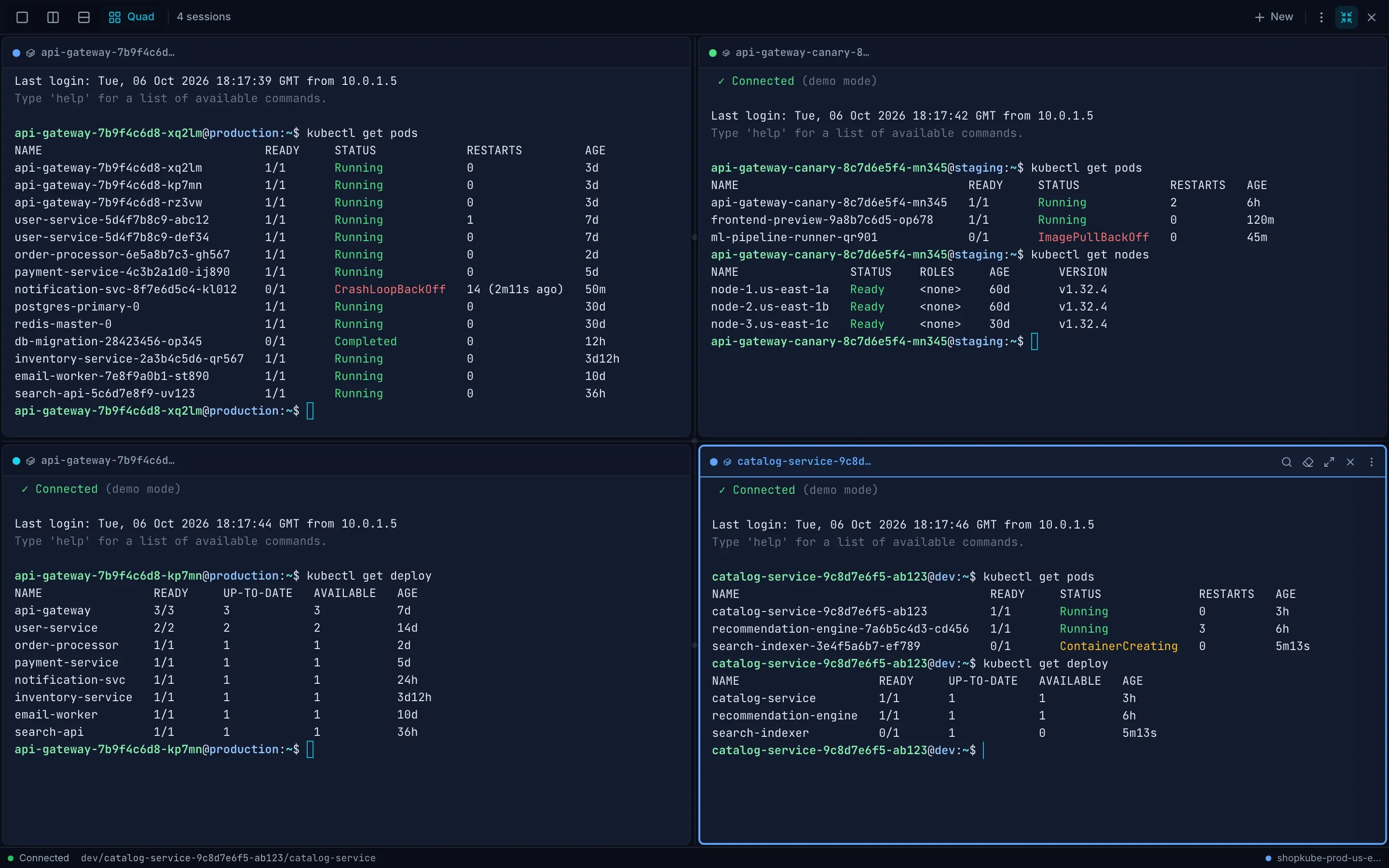 KubeGlass terminal page: Pod shells on three clusters in four panes, each marked with its cluster's color. Statuses in the output are colored, so a CrashLoopBackOff stands out in red.